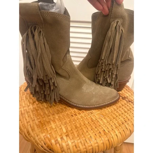 Zadig Voltaire Suede Fringe Western Boots Taupe Ankle Booties Size 39 - Picture 4 of 8